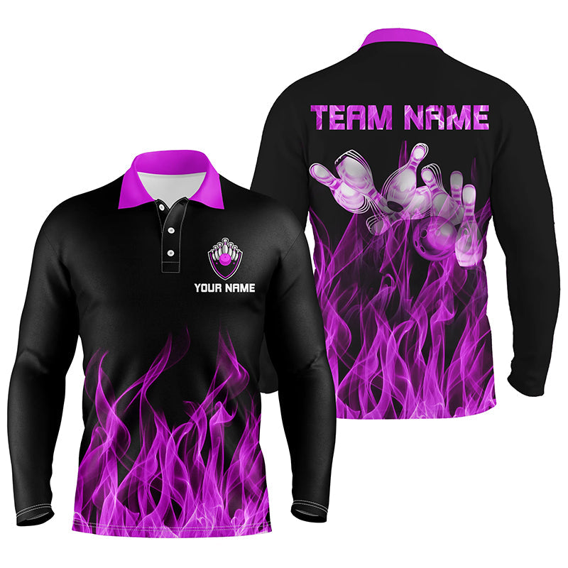 Personalisierte Herren-Bowling-Poloshirts – Lila Flammen, Bowlingkugel und Pins, Bowling-Trikots für Herren-Bowler NQS6035