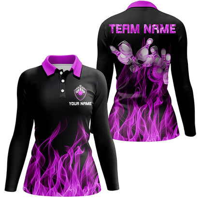 Lila Flammen Damen-Bowling-Poloshirt – Schwarze Bowling-Trikots, personalisierte Bowling-Team-Shirts NQS6035