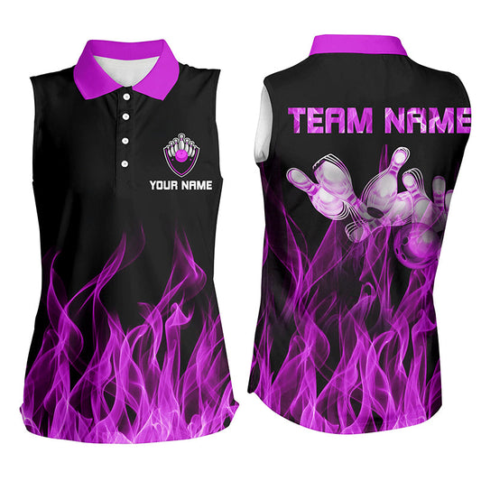 Personalisierte Damen-Ärmellose Poloshirts – Lila Flammen, Bowlingkugel & Pins, Bowling-Trikots für Bowler NQS6035