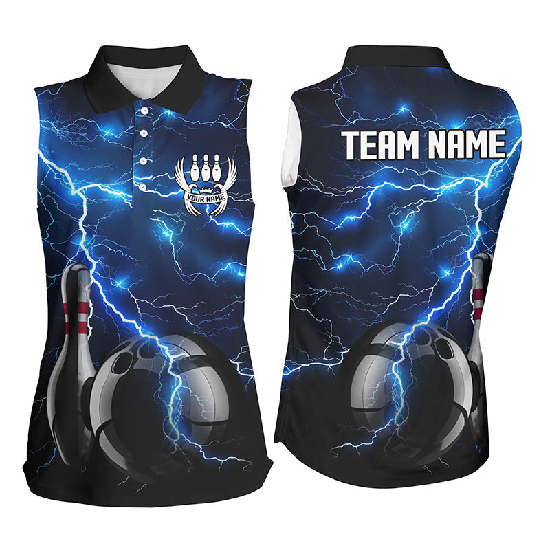 Blaue Blitze Donner Schwarzes Ärmeloses Bowling-Poloshirt – Maßgeschneiderte Sturm-Bowling-Team-Trikots NQS8386