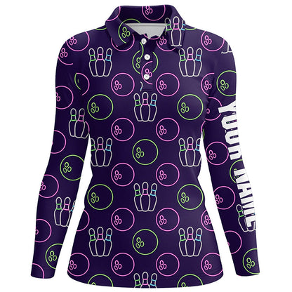 Lila-Neon Bowling nahtloses Muster – Individuelle Bowling-Poloshirts für Damen, Bowling-Team-Liga-Trikots NQS6762