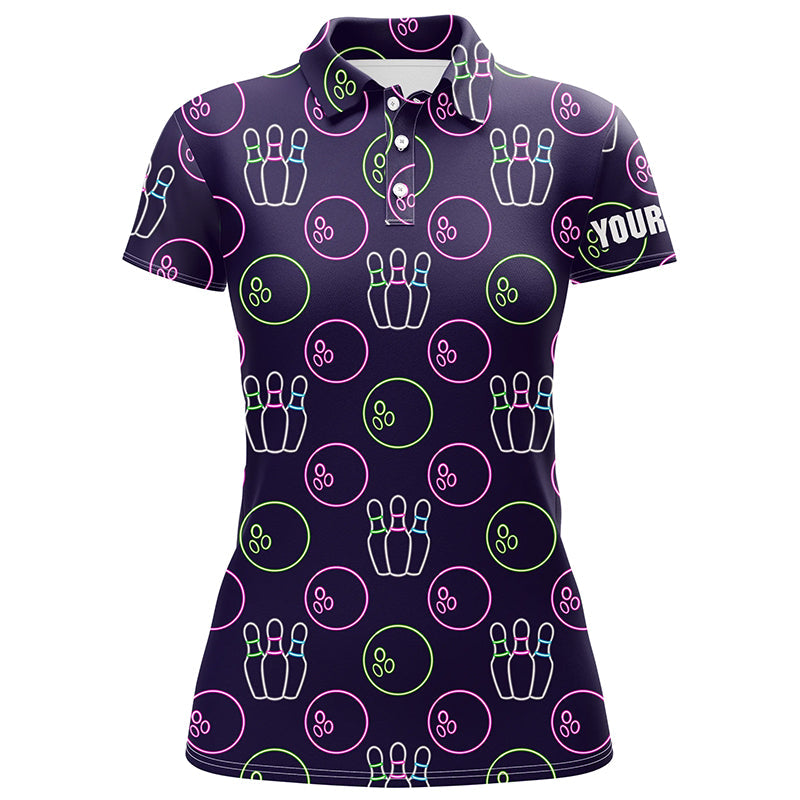 Lila-Neon Bowling nahtloses Muster – Individuelle Bowling-Poloshirts für Damen, Bowling-Team-Liga-Trikots NQS6762