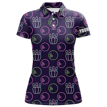 Lila-Neon Bowling nahtloses Muster – Individuelle Bowling-Poloshirts für Damen, Bowling-Team-Liga-Trikots NQS6762