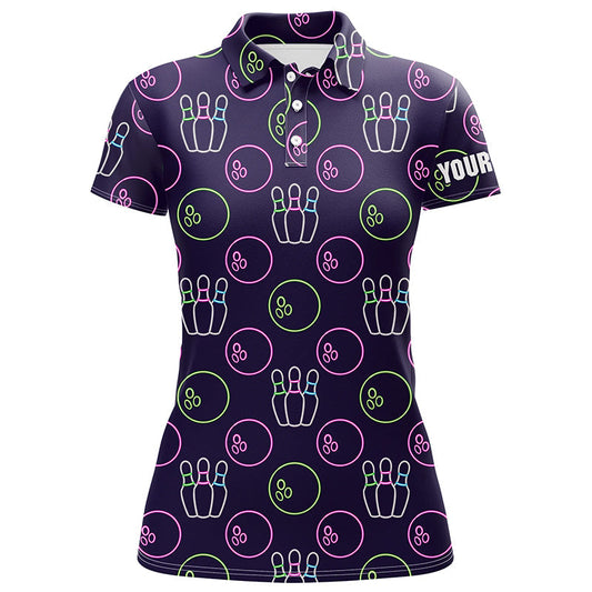 Lila-Neon Bowling nahtloses Muster – Individuelle Bowling-Poloshirts für Damen, Bowling-Team-Liga-Trikots NQS6762