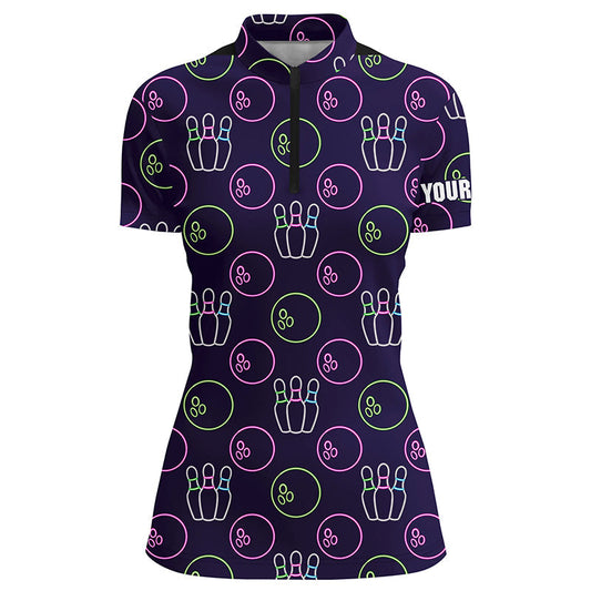 Lila-Neon Bowling nahtloses Muster – Individuelle Damen-Bowling-Quarter-Zip-Shirts, Bowling-Team-Liga-Trikots NQS6762