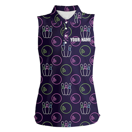 Lila-Neon Bowling nahtloses Muster – Individuelle Ärmellose Bowling-Poloshirts für Damen, Bowling-Team-Liga-Trikots NQS6762