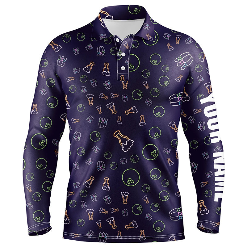 Neon Bier Glühendes Bowling-Muster – Individuelle Herren-Bowling-Poloshirts, Bowling-Team-Liga-Trikots NQS6763