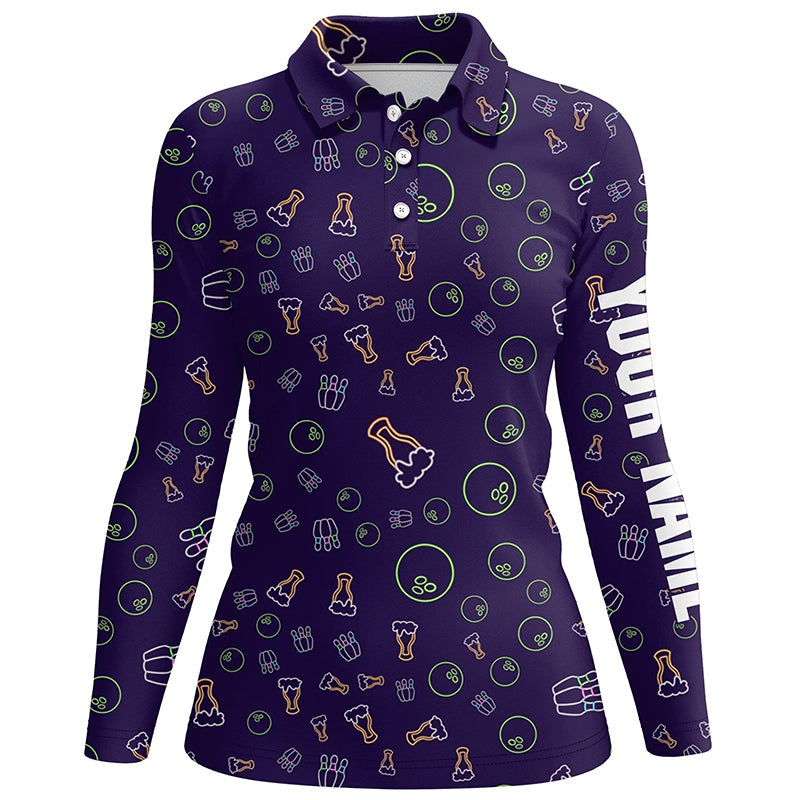 Neon Bier Glühendes Bowling-Muster – Individuelle Bowling-Poloshirts für Damen, Bowling-Team-Liga-Trikots NQS6763
