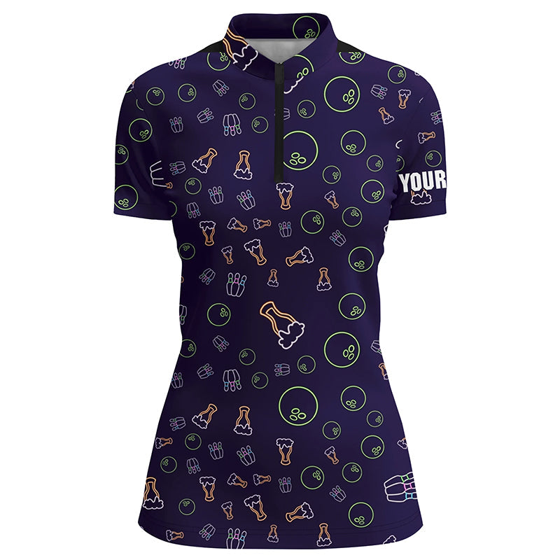 Neon Bier Glühendes Bowling-Muster – Individuelle Damen-Bowling-Quarter-Zip-Shirts, Bowling-Team-Liga-Trikots NQS6763