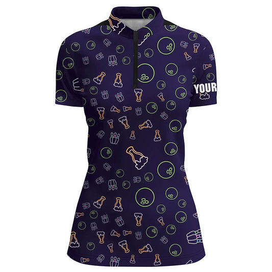 Neon Bier Glühendes Bowling-Muster – Individuelle Damen-Bowling-Quarter-Zip-Shirts, Bowling-Team-Liga-Trikots NQS6763