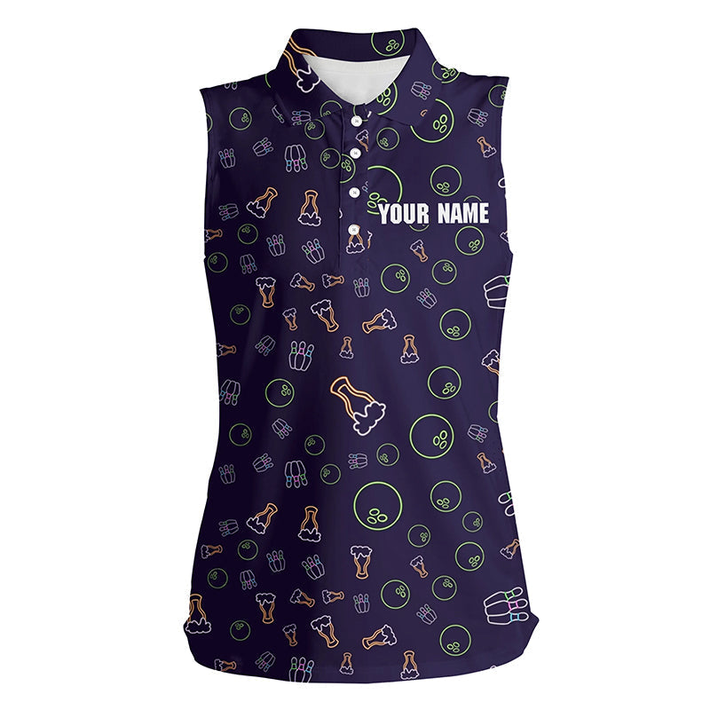 Neon Bier Glühendes Bowling-Muster – Individuelle Ärmellose Bowling-Poloshirts für Damen, Bowling-Team-Liga-Trikots NQS6763