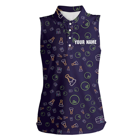 Neon Bier Glühendes Bowling-Muster – Individuelle Ärmellose Bowling-Poloshirts für Damen, Bowling-Team-Liga-Trikots NQS6763