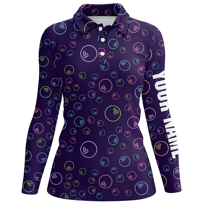 Lila-Neon Glühendes Bowlingkugel-Muster – Individuelle Bowling-Poloshirts für Damen, Bowling-Team-Liga-Trikots NQS6764
