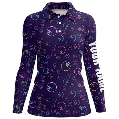 Lila-Neon Glühendes Bowlingkugel-Muster – Individuelle Bowling-Poloshirts für Damen, Bowling-Team-Liga-Trikots NQS6764