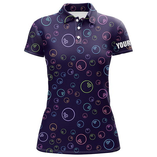 Lila-Neon Glühendes Bowlingkugel-Muster – Individuelle Bowling-Poloshirts für Damen, Bowling-Team-Liga-Trikots NQS6764