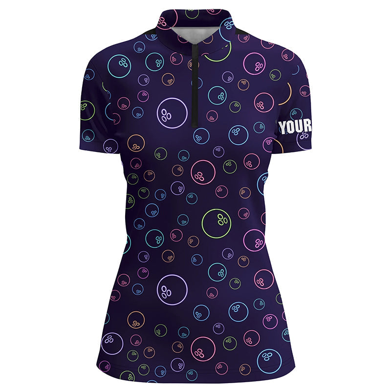 Lila-Neon Glühendes Bowlingkugel-Muster – Individuelle Damen-Bowling-Quarter-Zip-Shirts, Team-Liga-Trikots NQS6764