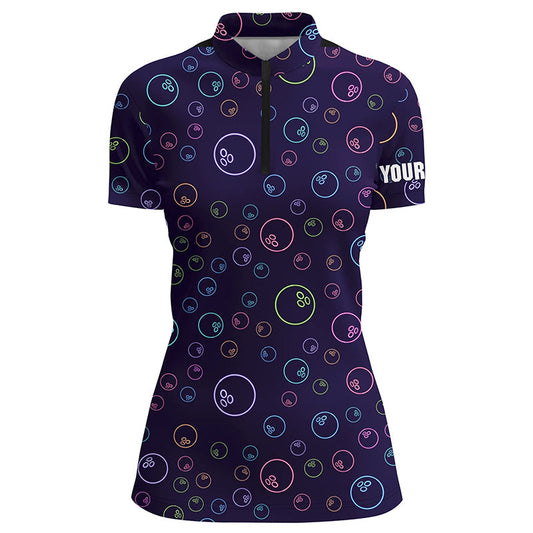 Lila-Neon Glühendes Bowlingkugel-Muster – Individuelle Damen-Bowling-Quarter-Zip-Shirts, Team-Liga-Trikots NQS6764