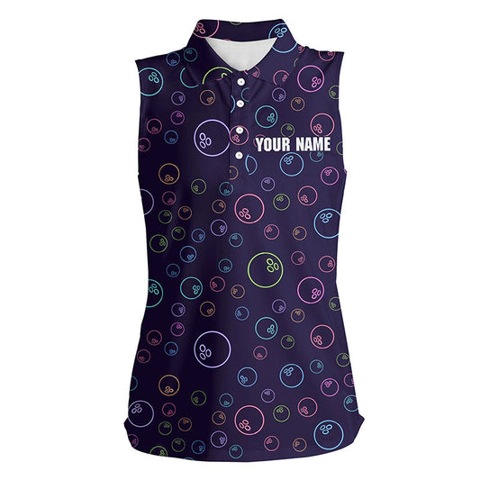 Lila-Neon Glühendes Bowlingkugel-Muster – Individuelle Ärmellose Bowling-Poloshirts für Damen, Team-Liga-Trikots NQS6764