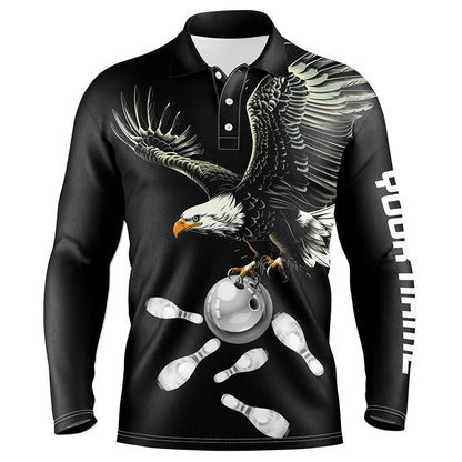 Schwarz-weiße Herren Bowling Poloshirts, maßgeschneiderte Adler Team Bowling-Shirts, Geschenk für Bowling-Spieler NQS7405