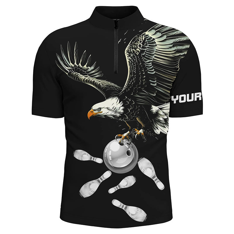 Schwarz-weiße Herren Bowling Quarter Zip Shirt, maßgeschneiderte Adler Team Bowling-Shirts, Geschenk für Bowling-Spieler NQS7405