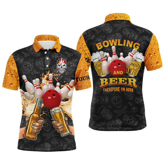 Lustige Bowling-Bier-Schädel-Bowlinghemden für Männer, personalisierter Name, "Bowling und Bier, deshalb bin ich hier" NQS4478