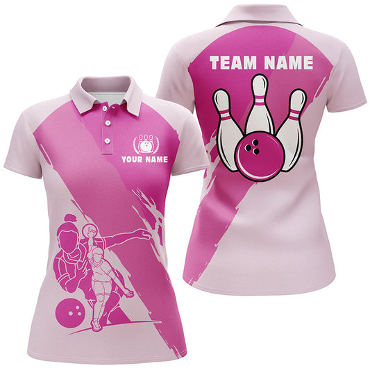 Personalisierte 3D-Bowlinghemden für Damen, maßgeschneiderte pinkfarbene Kurzarm-Poloshirts für Mädchen NQS4691