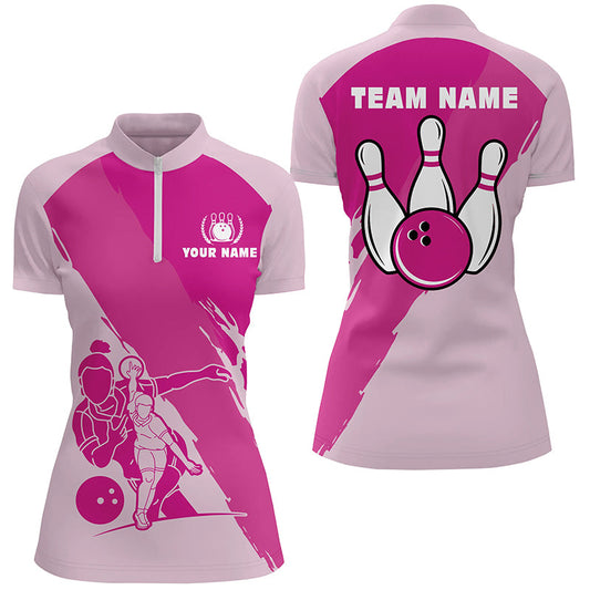 Personalisierte 3D-Bowlinghemden für Damen, maßgeschneidertes pinkfarbenes Kurzarm-Quarter-Zip-Bowlinghemd für Mädchen NQS4691
