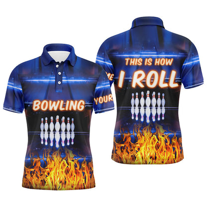 Individuelles blaue Flammen-Poloshirt für Herren – „This is how I roll“-Team-Bowling-Trikots NQS5634