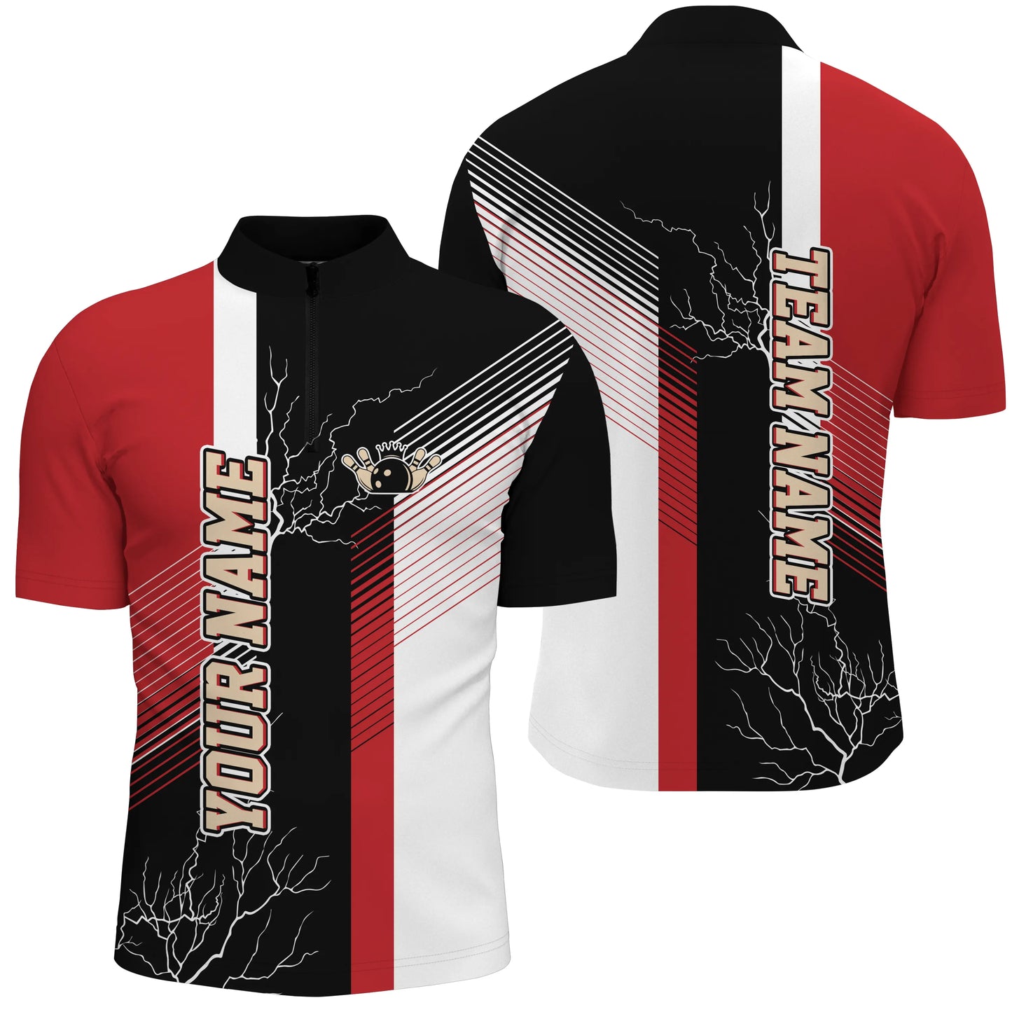 Rot-schwarze Bowlinghemden mit Karomuster, personalisierte Bowlinghemden mit Viertelreißverschluss für Männer, Team-Bowlingtrikots NQS4819