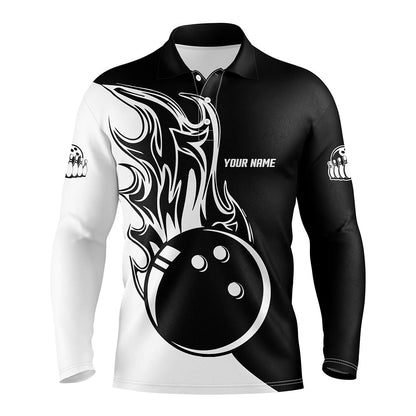 Schwarz-weiße Bowlingkugel & Feuer Poloshirt für Herren – Individuelle Herren-Bowling-Team-Trikots NQS6087