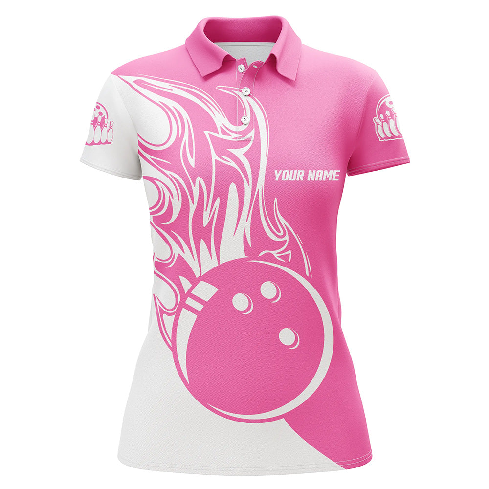 Pink-weiße Bowlingkugel & Feuer Poloshirt für Damen – Individuelle Damen-Bowling-Team-Trikots NQS6088
