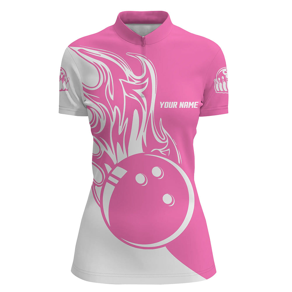 Pink-weiße Bowlingkugel & Feuer Quarter-Zip-Shirt für Damen – Individuelle Bowling-Team-Trikots NQS6088