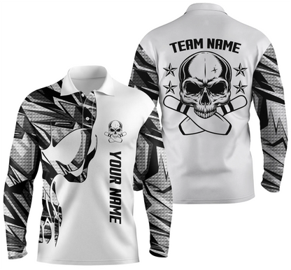 Weißes Camo-Bowling-Poloshirt für Männer, personalisierter Name und Teamname, Schädel-Bowling, Team-Bowlinghemden NQS4699