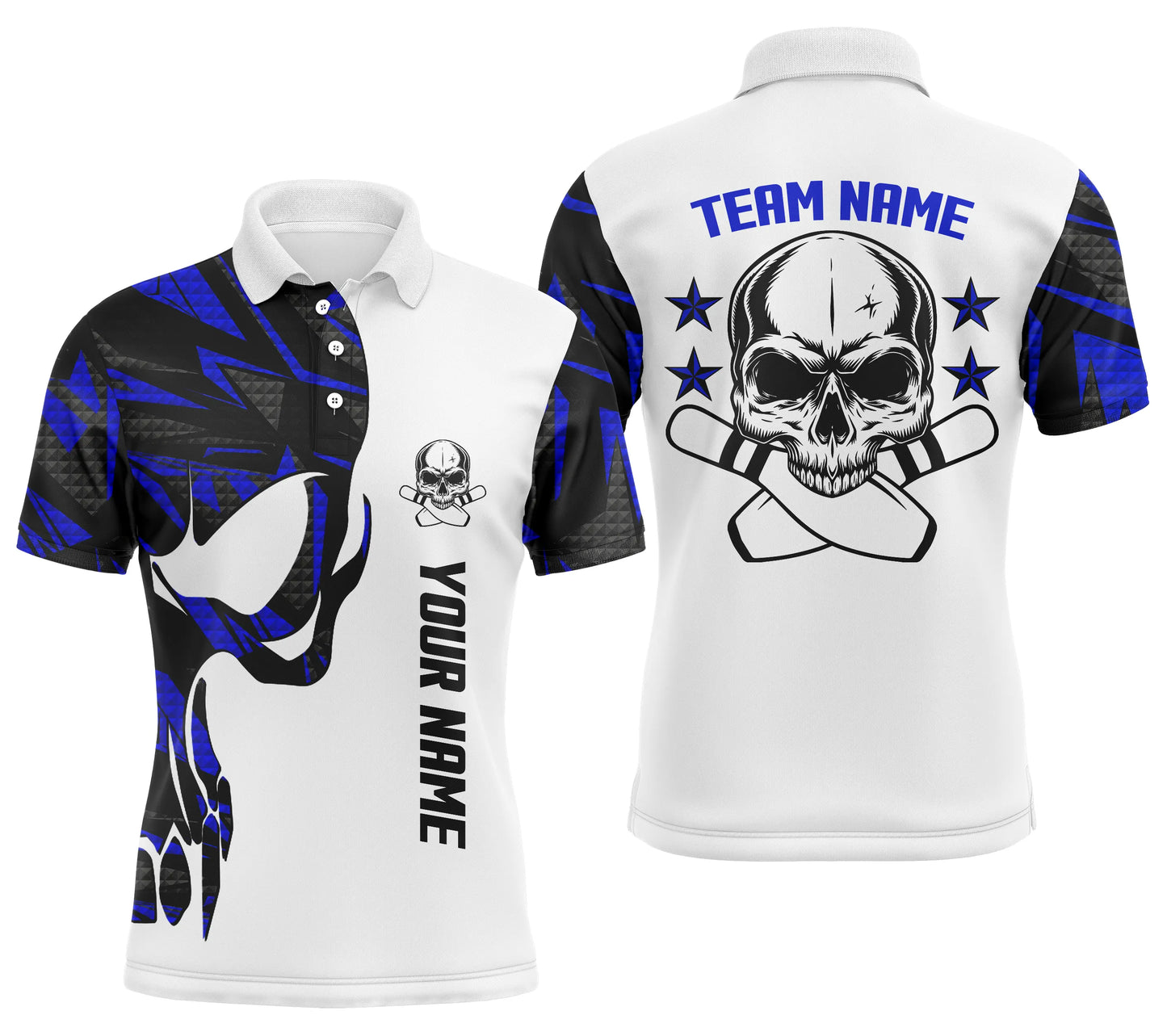 Blau-weiße Bowling-Poloshirts für Männer, personalisierter Name und Teamname, Schädel-Bowling, Team-Bowlinghemden NQS4699