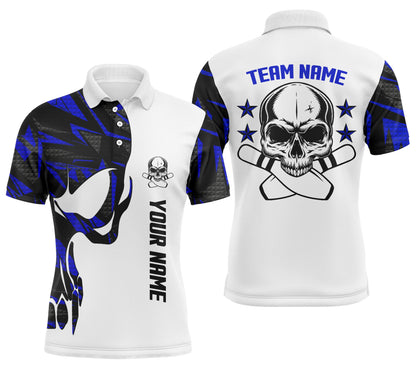 Blau-weiße Bowling-Poloshirts für Männer, personalisierter Name und Teamname, Schädel-Bowling, Team-Bowlinghemden NQS4699