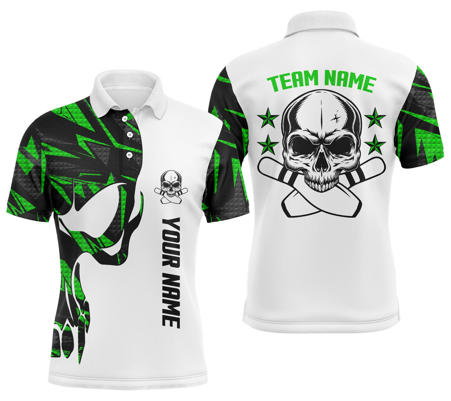 Grün-weiße Bowling-Poloshirts für Männer, personalisierter Name und Teamname, Schädel-Bowling, Team-Bowlinghemden NQS4699