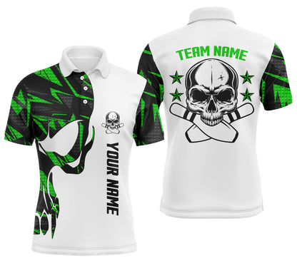 Grün-weiße Bowling-Poloshirts für Männer, personalisierter Name und Teamname, Schädel-Bowling, Team-Bowlinghemden NQS4699