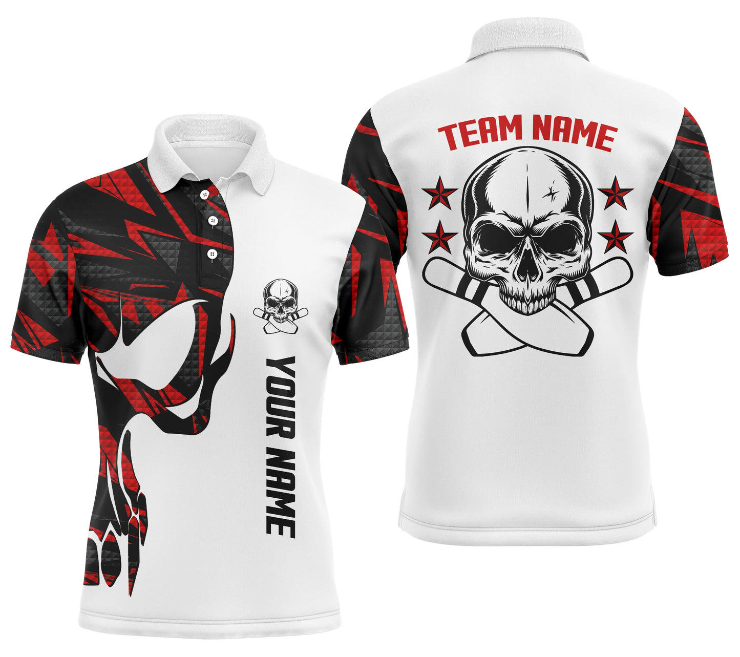 Rot-weiße Bowling-Poloshirts für Männer, personalisierter Name und Teamname, Schädel-Bowling, Team-Bowlinghemden NQS4699