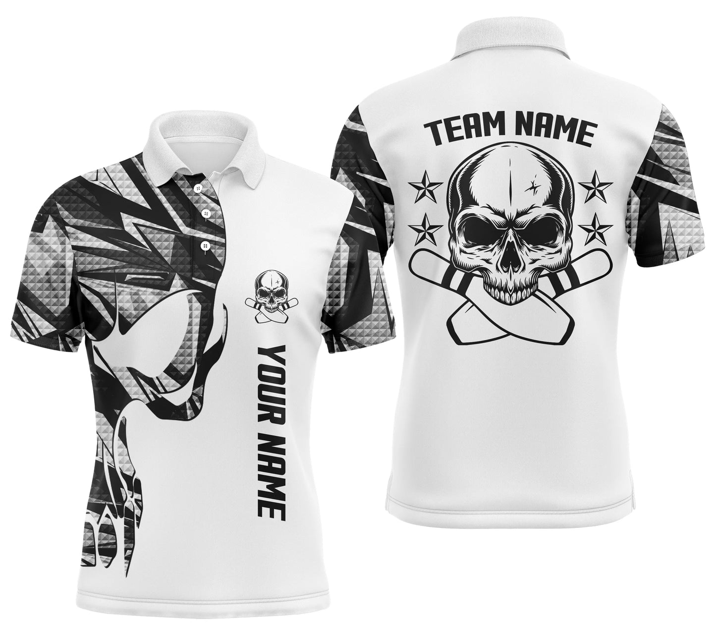 Weißes Camo-Bowling-Poloshirt für Männer, personalisierter Name und Teamname, Schädel-Bowling, Team-Bowlinghemden NQS4699