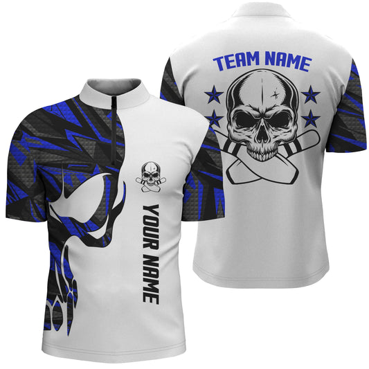 Blau-weiße Bowlinghemden mit Viertelreißverschluss für Männer, personalisierter Name, Schädel-Bowling, Team-Bowlinghemden NQS4699