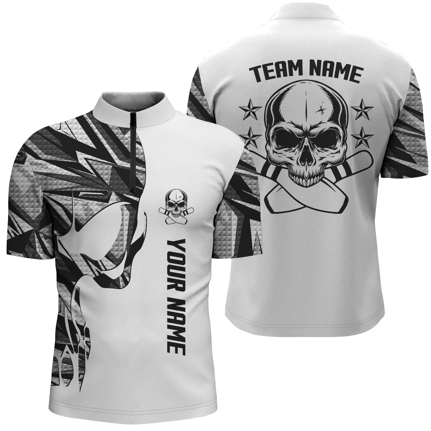 Weißes Camo-Bowlinghemd mit Viertelreißverschluss für Männer, personalisierter Name, Schädel-Bowling, Männer-Bowling-Teamhemden NQS4699