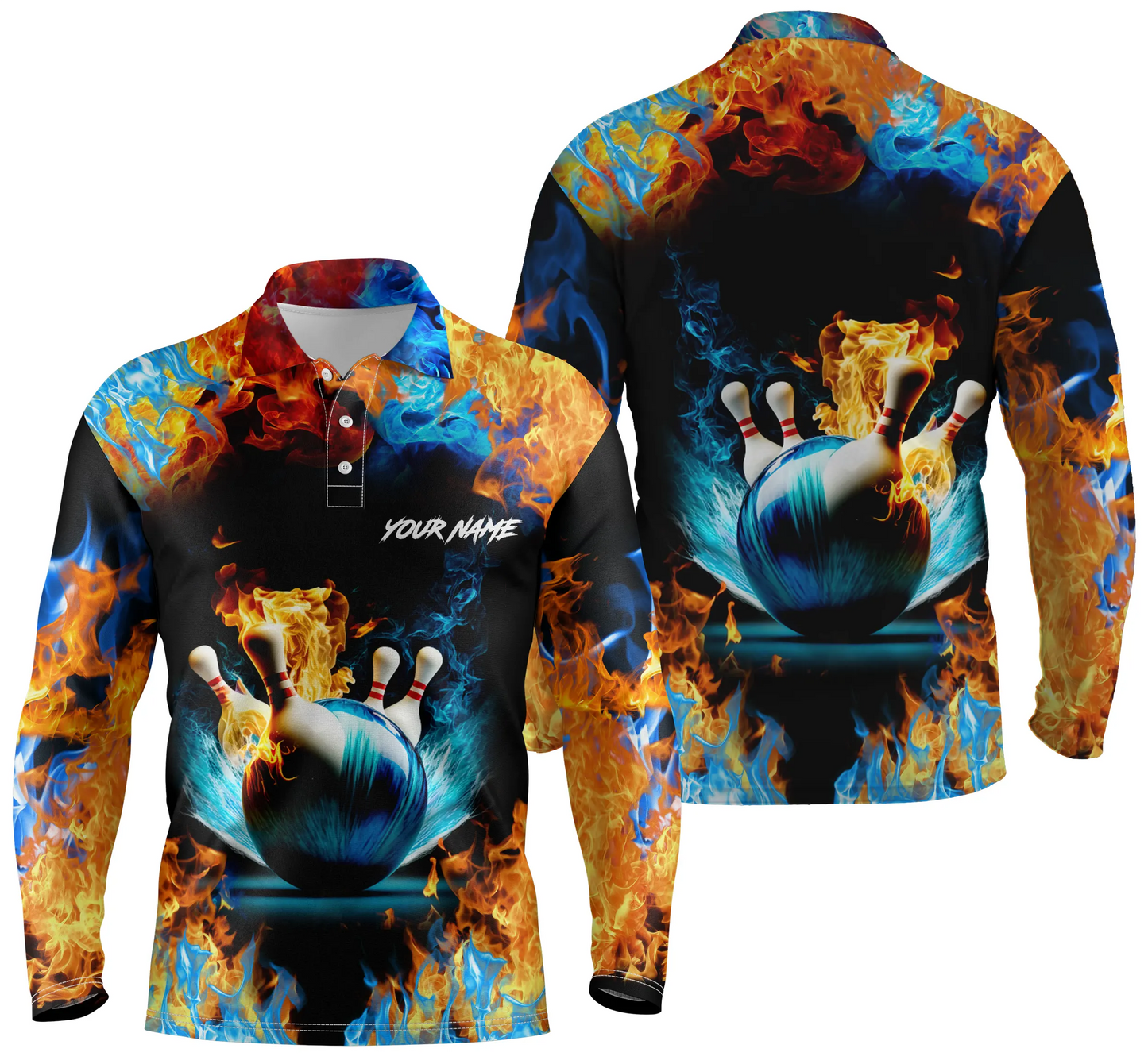 Wasser-Feuer-Hintergrund, personalisierter Name, Bowling-Poloshirts für Männer, Bowling-Team-Trikots NQS4705