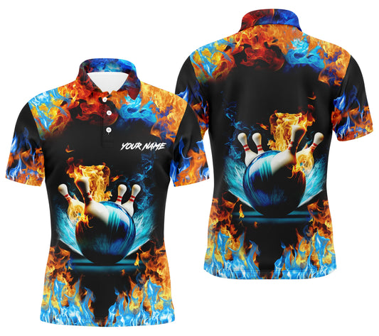 Wasser-Feuer-Hintergrund, personalisierter Name, Bowling-Poloshirts für Männer, Bowling-Team-Trikots NQS4705