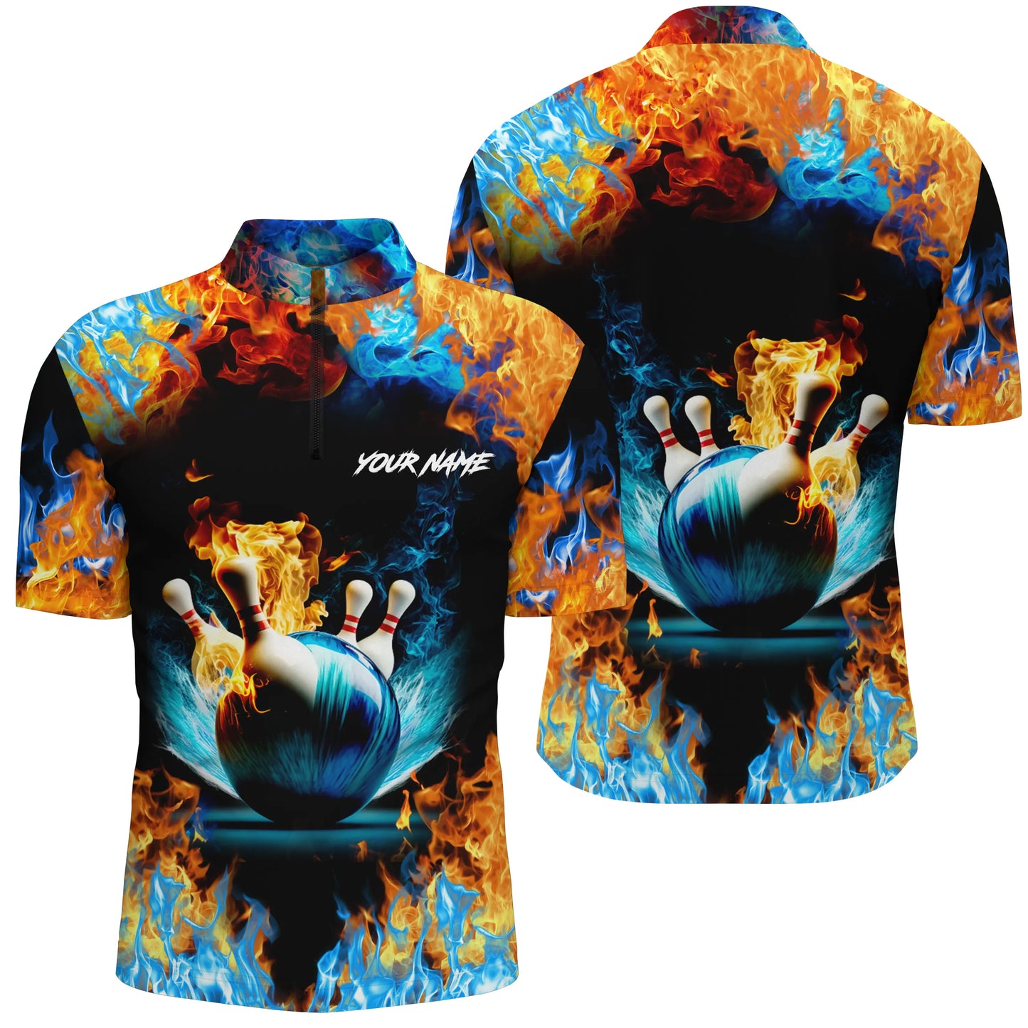 Wasser-Feuer-Hintergrund, personalisierter Name, Kurzarm-Quarter-Zip-Bowlinghemden für Männer, Bowling-Team-Trikots NQS4705