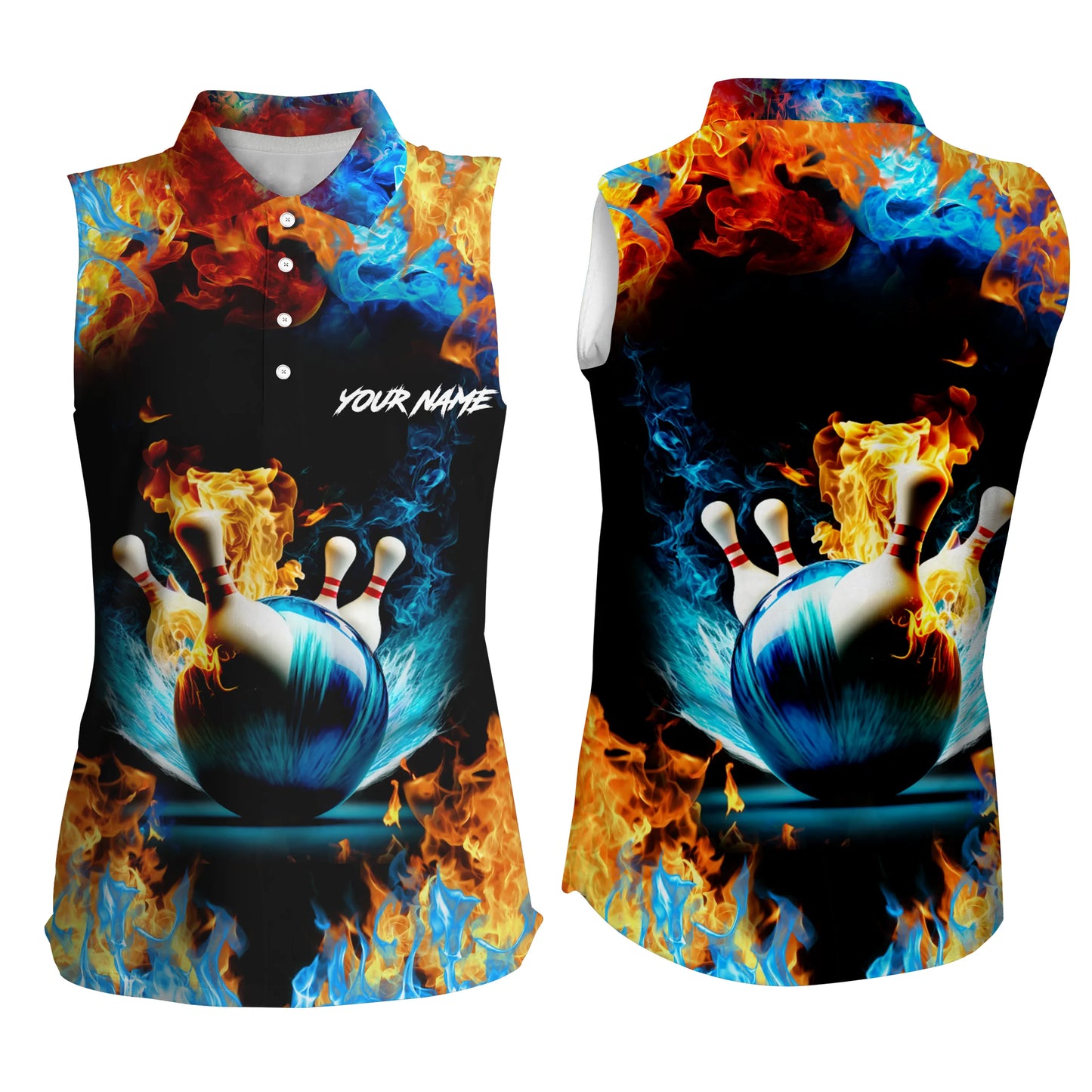 Wasser-Feuer-Hintergrund, personalisierter Name, ärmellose Polo-Bowling-Poloshirts für Frauen, Bowling-Team-Trikots NQS4705