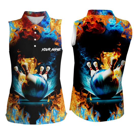 Wasser-Feuer-Hintergrund, personalisierter Name, ärmellose Polo-Bowling-Poloshirts für Frauen, Bowling-Team-Trikots NQS4705