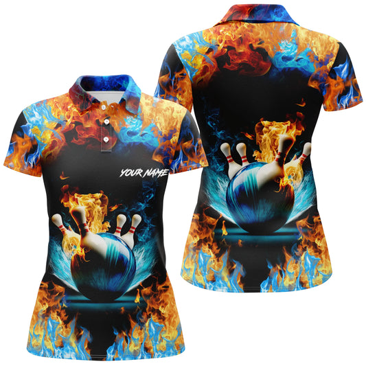 Wasser-Feuer-Hintergrund, personalisierter Name, Kurzarm-Bowling-Poloshirts für Frauen, Bowling-Team-Trikots NQS4705
