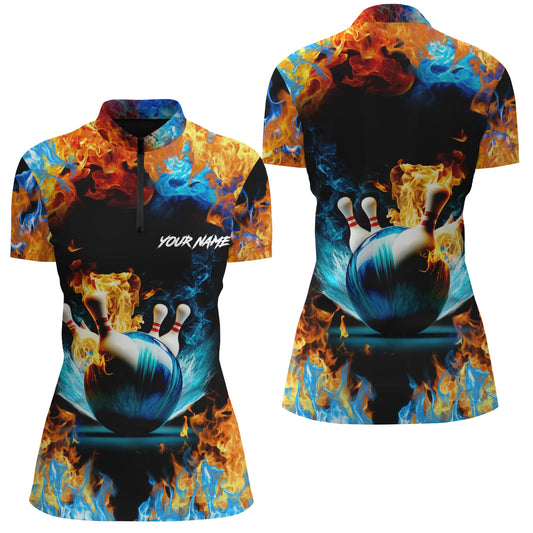 Wasser-Feuer-Hintergrund, personalisierter Name, Kurzarm-Quarter-Zip-Bowlinghemden für Frauen, Geschenk für Bowler NQS4705