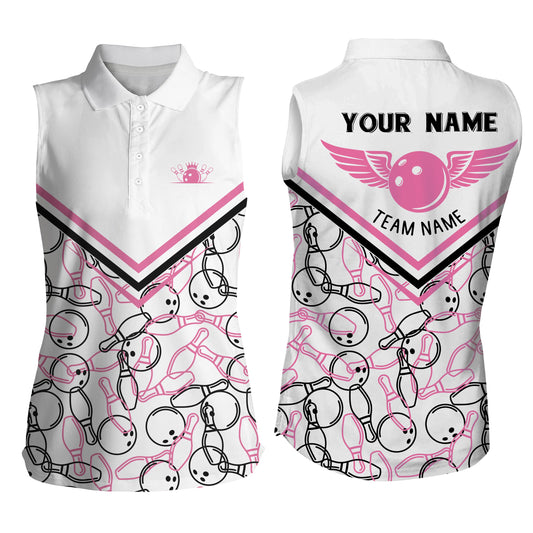 Personalisierte 3D-Bowlinghemden für Frauen, weiß-pinke ärmellose Bowling-Poloshirts für Mädchen NQS4706