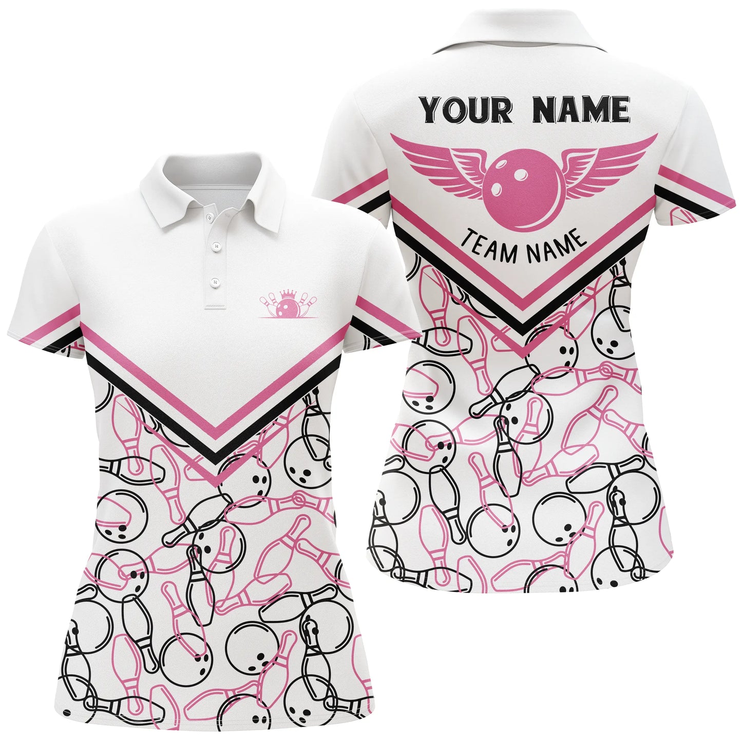 Personalisierte 3D-Bowlinghemden für Frauen, weiß-pinke Kurzarm-Bowling-Poloshirts für Mädchen NQS4706